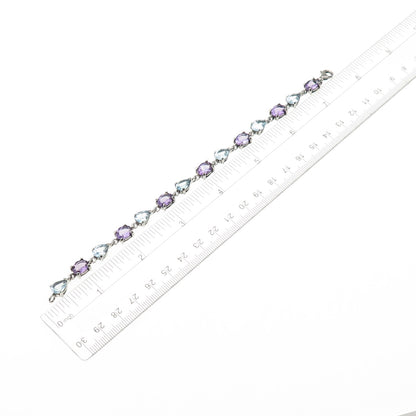 925 Sterling Silver Vintage Oval-Cut Amethyst & Pear-Cut Blue Topaz Bracelet 7"