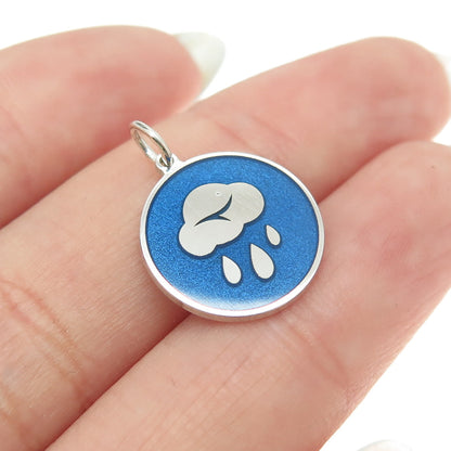 925 Sterling Silver Blue Enamel Rainy Cloud Round Tag Minimalist Charm Pendant