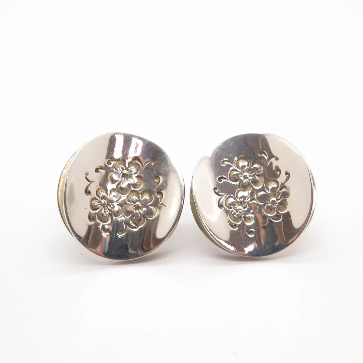 925 Sterling Silver Vintage Handwhought Floral Etched Screw Back Earrings