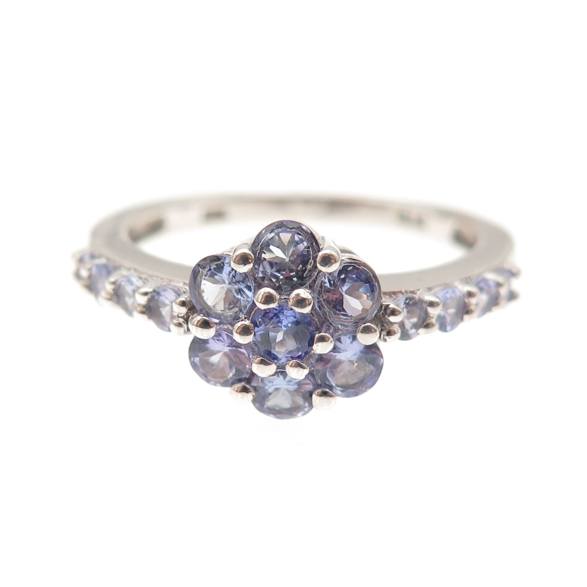 Chuck Clemency 925 Sterling Silver Real Round-Cut Tanzanite Floral Ring Size 8