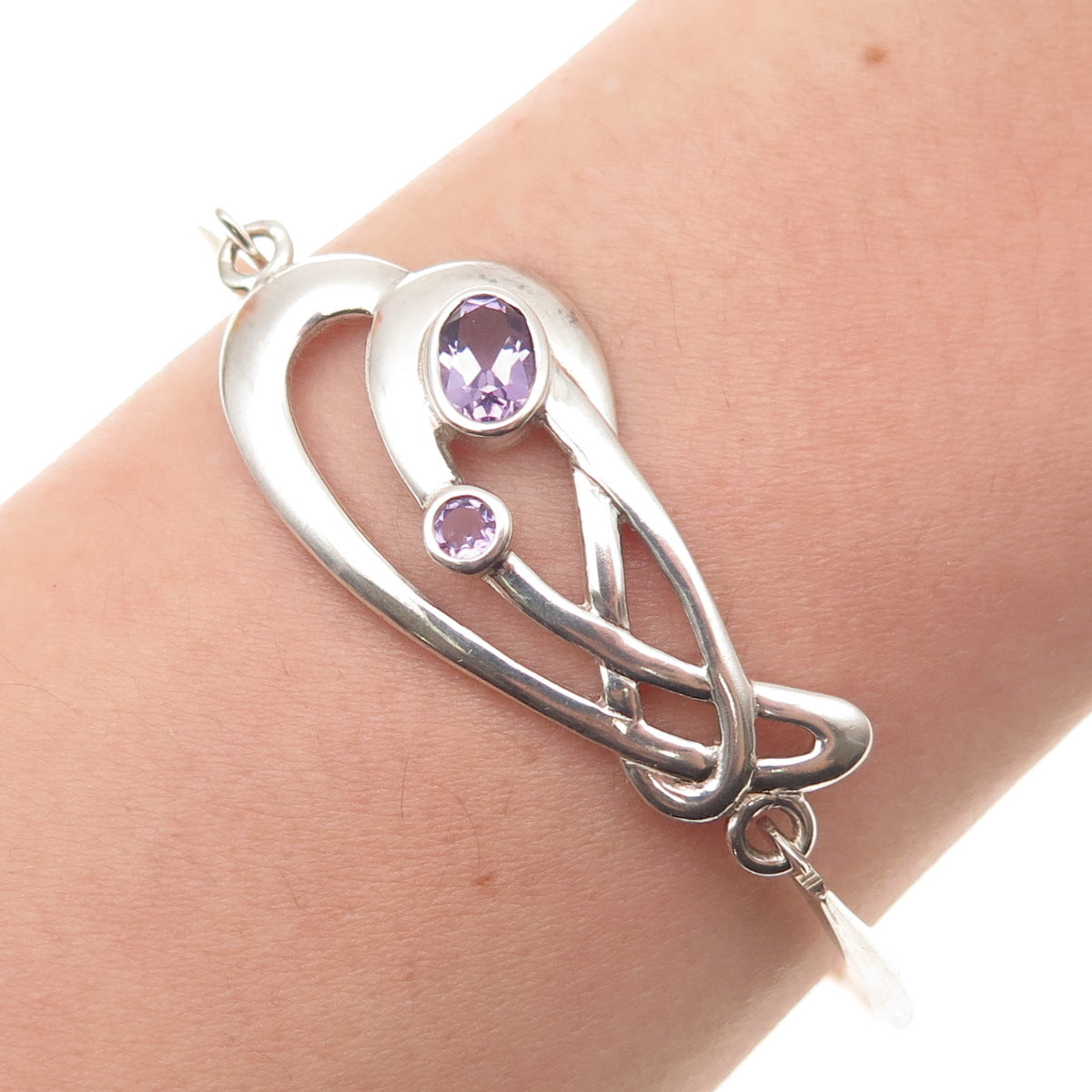 KIT HEATH Sterling Vintage 1990 Real Amethyst Modernist Bangle Bracelet 6.75"