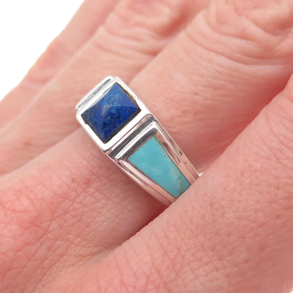 925 Sterling Silver Vintage Real Lapis & Turquoise Ring Size 8