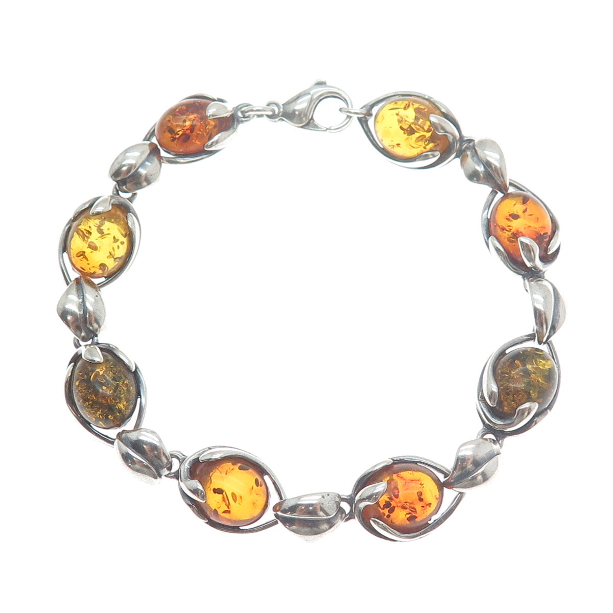 VALERIO V-8 Sterling Silver Vintage Poland Amber Modernist Floral Bracelet 6.75"