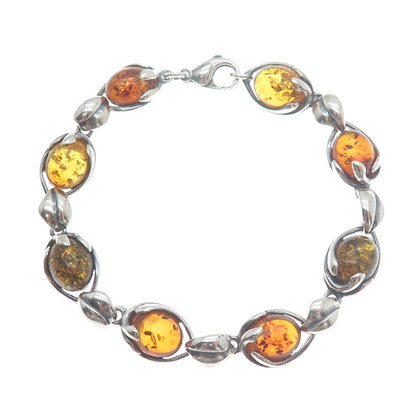 VALERIO V-8 Sterling Silver Vintage Poland Amber Modernist Floral Bracelet 6.75"