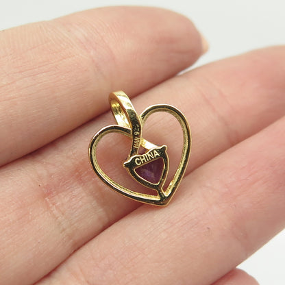 HAN 925 Sterling Silver Gold Plated Real Amethyst & White Topaz Heart Pendant