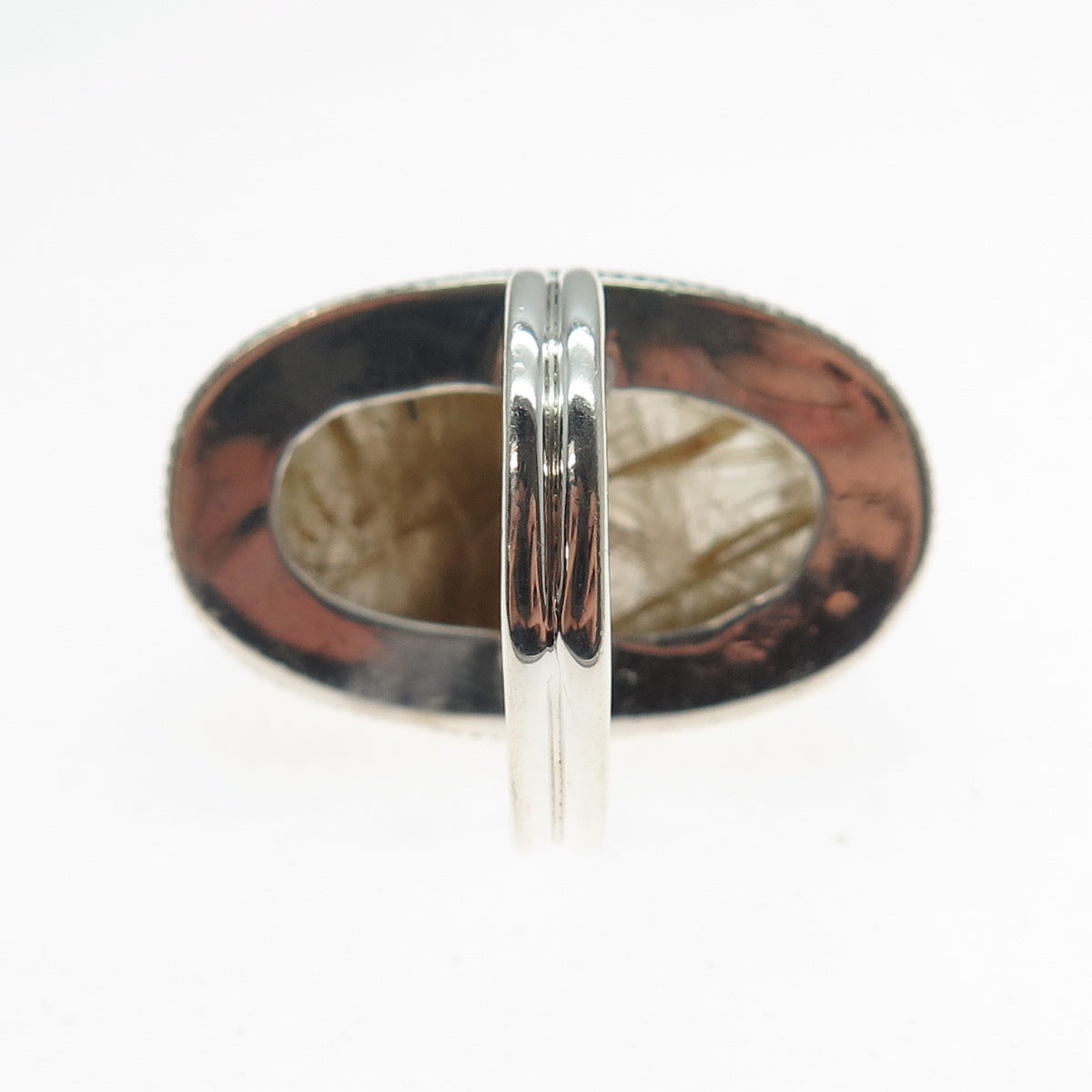 925 Sterling Silver Vintage Real Cabochon Rutilated Quartz Swirl Ring Size 9.5