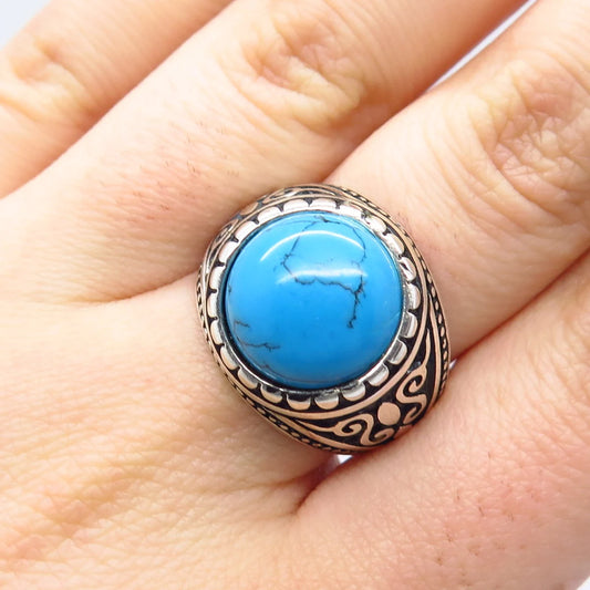 925 Sterling Silver Vintage Faux Turquoise Ornate Ring Size 9