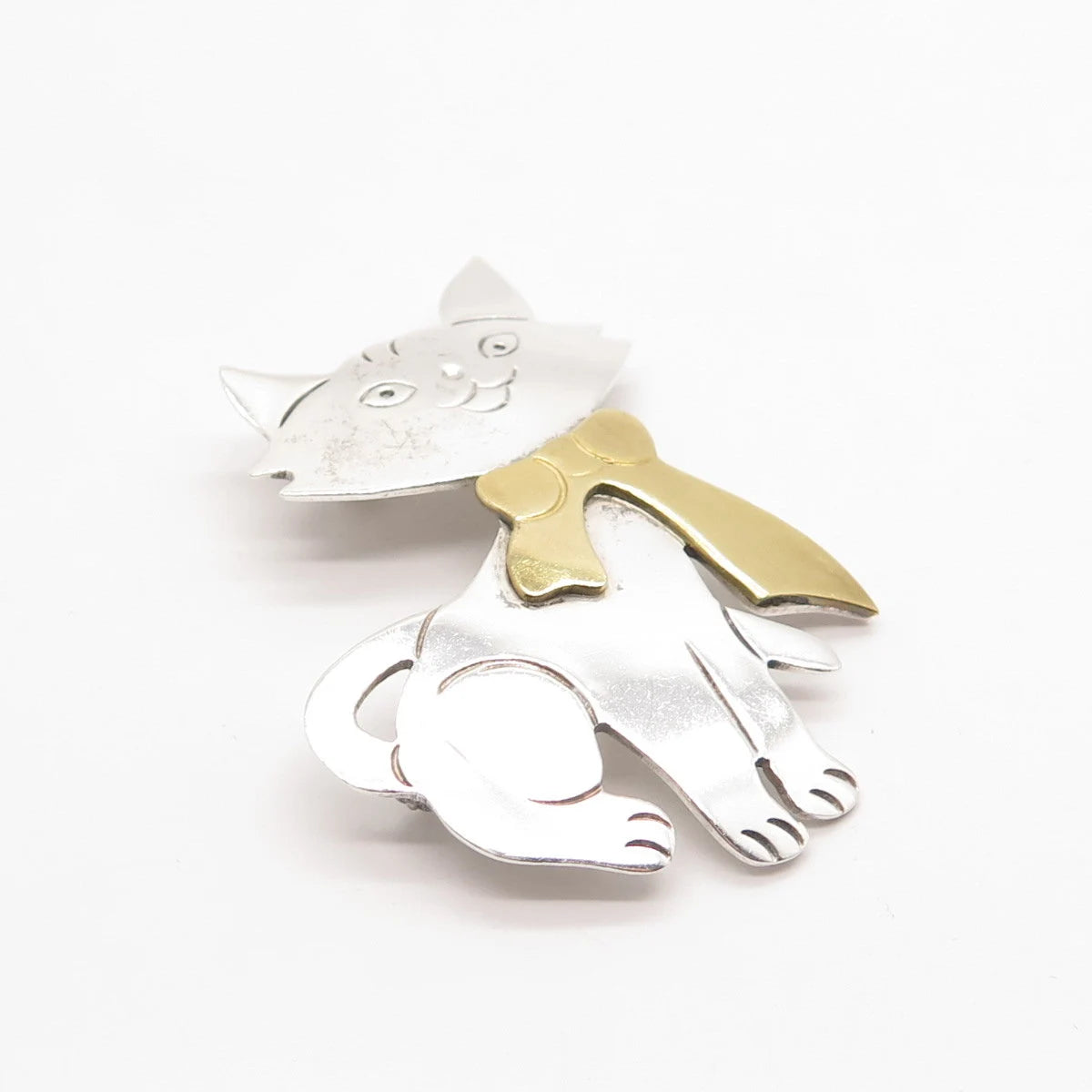 925 Sterling Silver 2-Tone Vintage Mexico Cat Pin Brooch