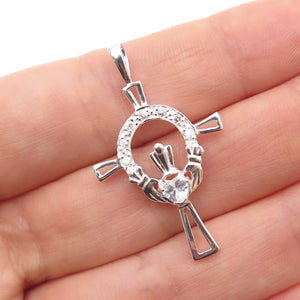 925 Sterling Silver Heart & Round-Cut C Z Irish Claddagh Cross Charm Pendant