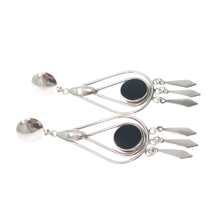 CHARLES WINSTON 925 Sterling Silver Vintage Black Onyx Modernist Dangle Earrings