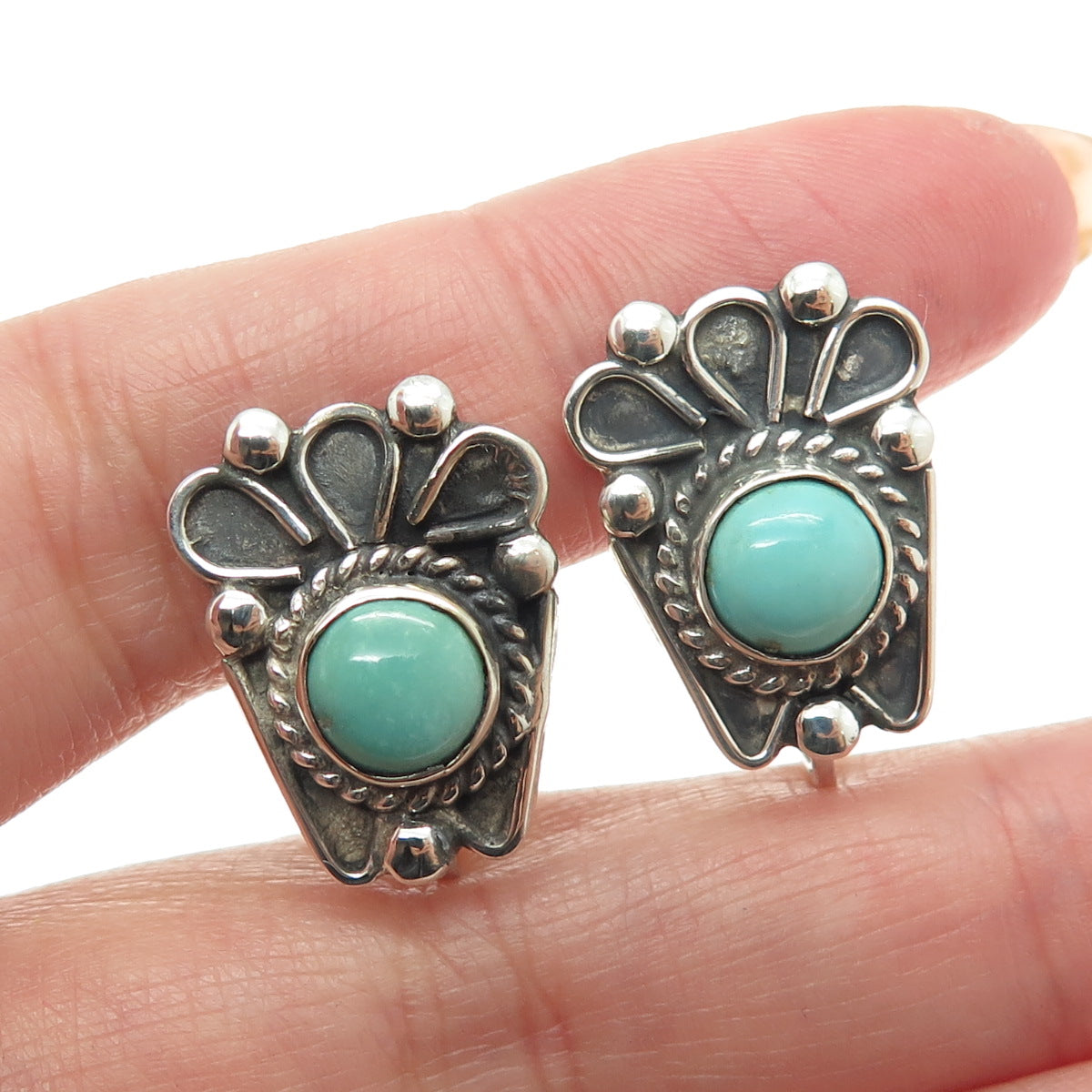 Old Pawn 925 Sterling Silver Southwestern Turquoise Tribal Screw Eye Earrings