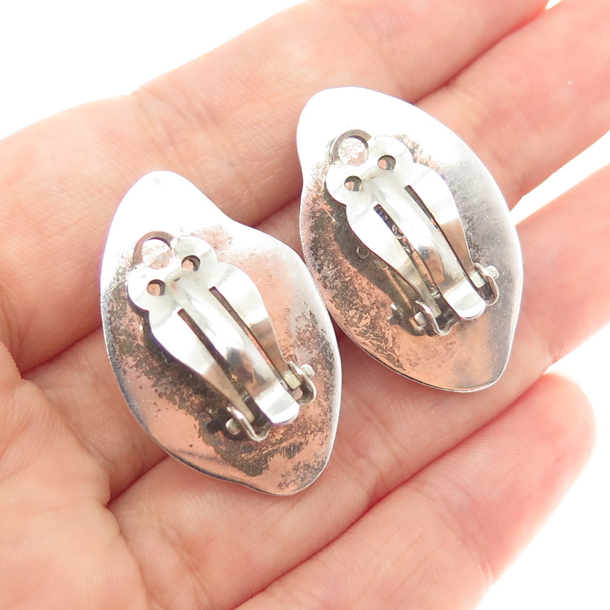 925 Sterling Silver Vintage Mexico Modernist Petal Clip On Earrings