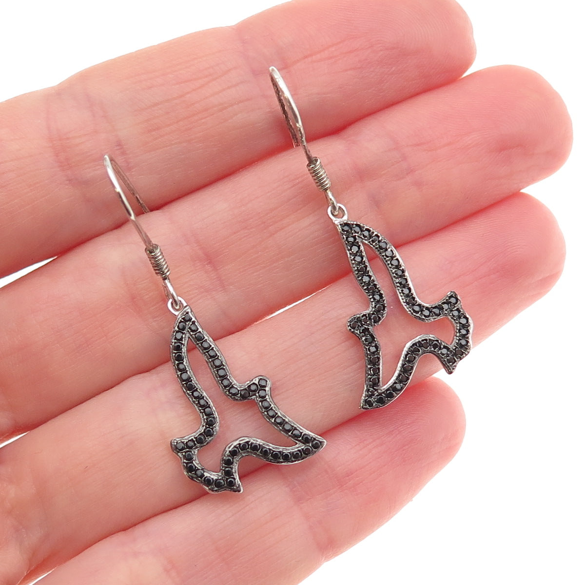 925 Sterling Silver Real Round-Cut Black Spinel Bird Dangle Earrings