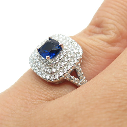 925 Sterling Silver Cushion & Round-Cut Blue White C Z Ring Size 5