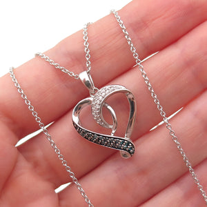 925 Sterling Silver Real Blue & White Diamond Heart Cable Chain Necklace 18"