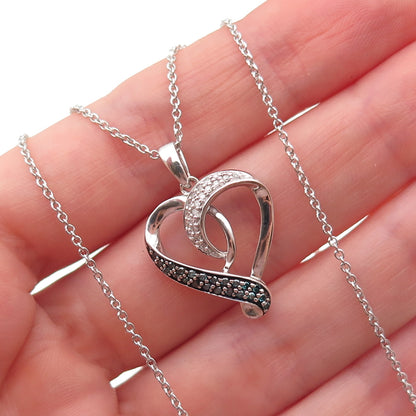 925 Sterling Silver Real Blue & White Diamond Heart Cable Chain Necklace 18"