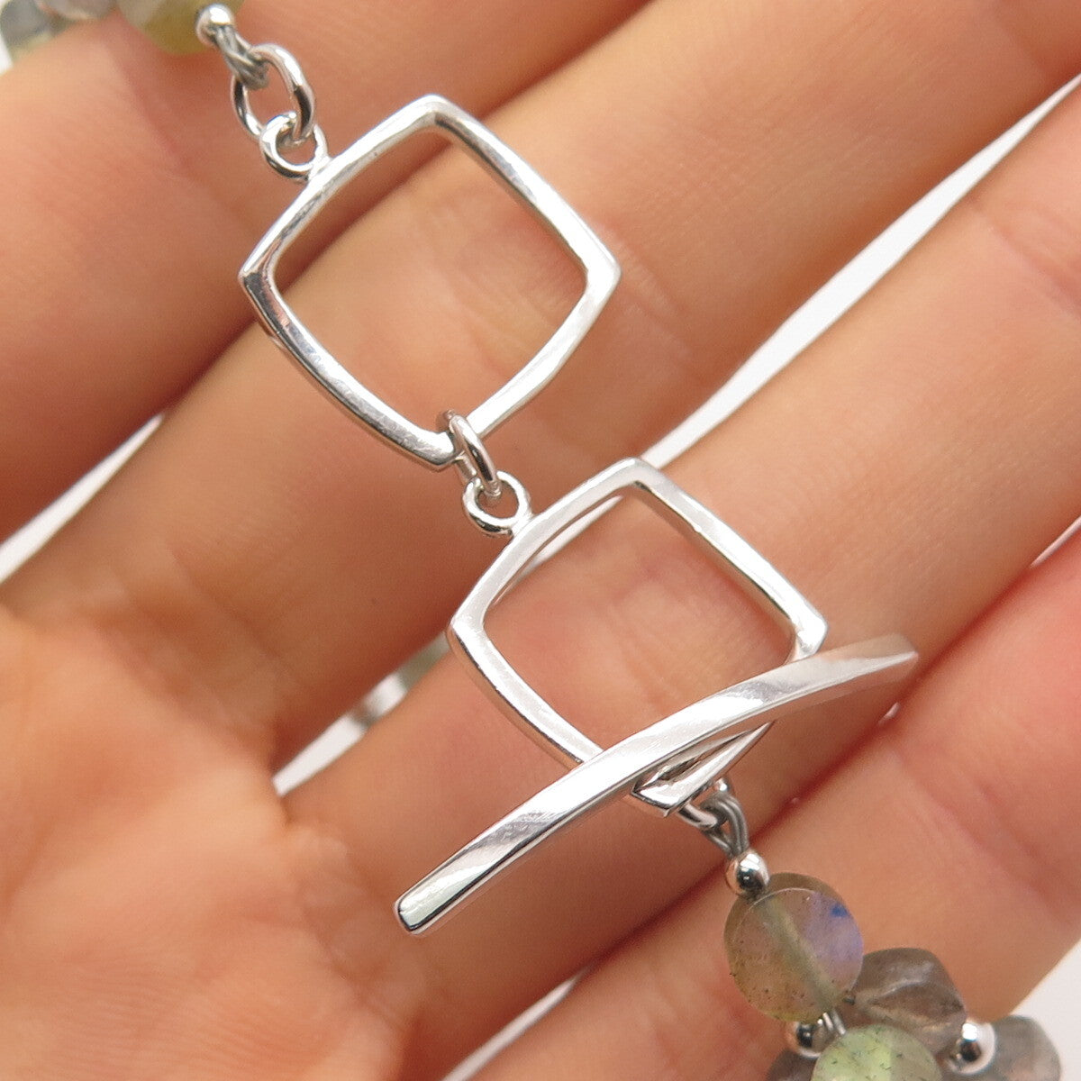 925 Sterling Silver Vintage Real Labradorite Gem 3-Row Bead Link Bracelet 7.75"