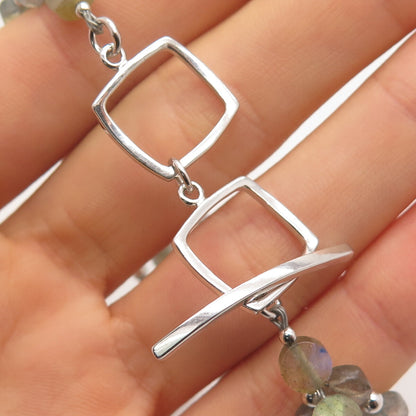 925 Sterling Silver Vintage Real Labradorite Gem 3-Row Bead Link Bracelet 7.75"