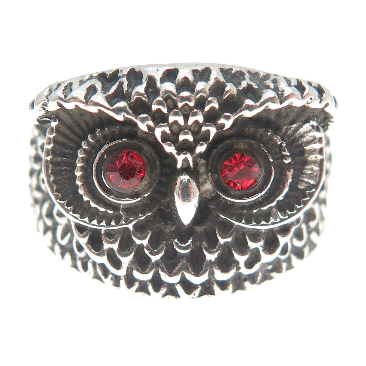 925 Sterling Silver Vintage Red Rhinestone Owl Bird Oxidized Ring Size 10.25