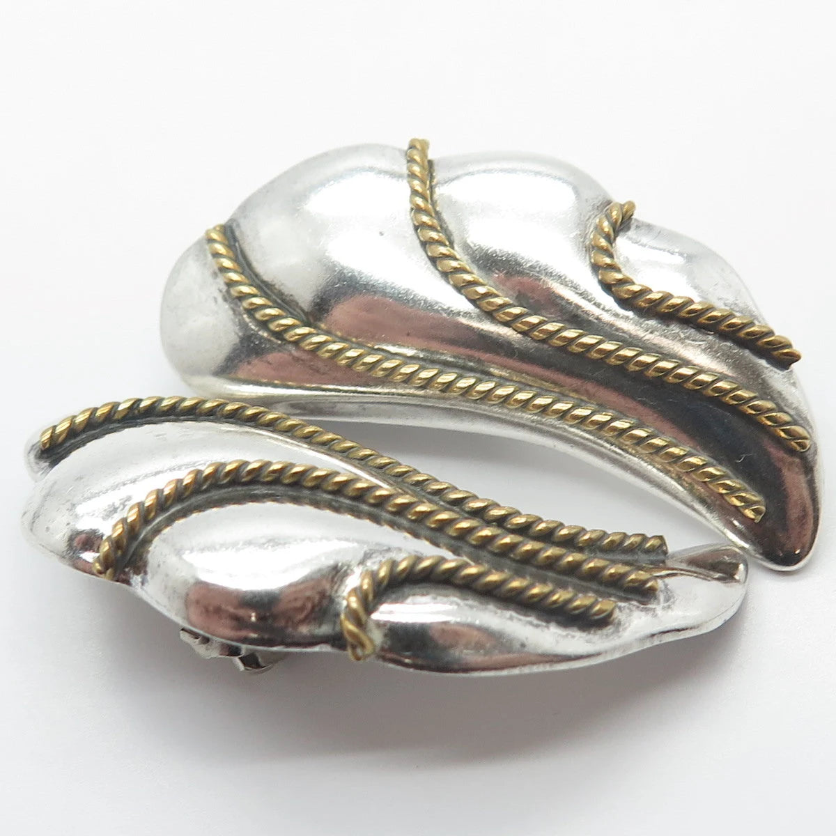 925 Sterling Silver 2-Tone Vintage Mexico Twisted Modernist Clip On Earrings