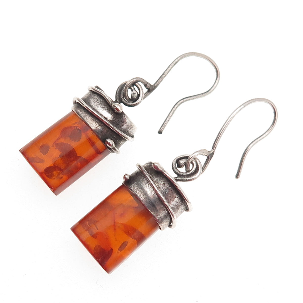 900 Silver Vintage Czechia Real Amber Modernist Oxidized Dangle Earrings
