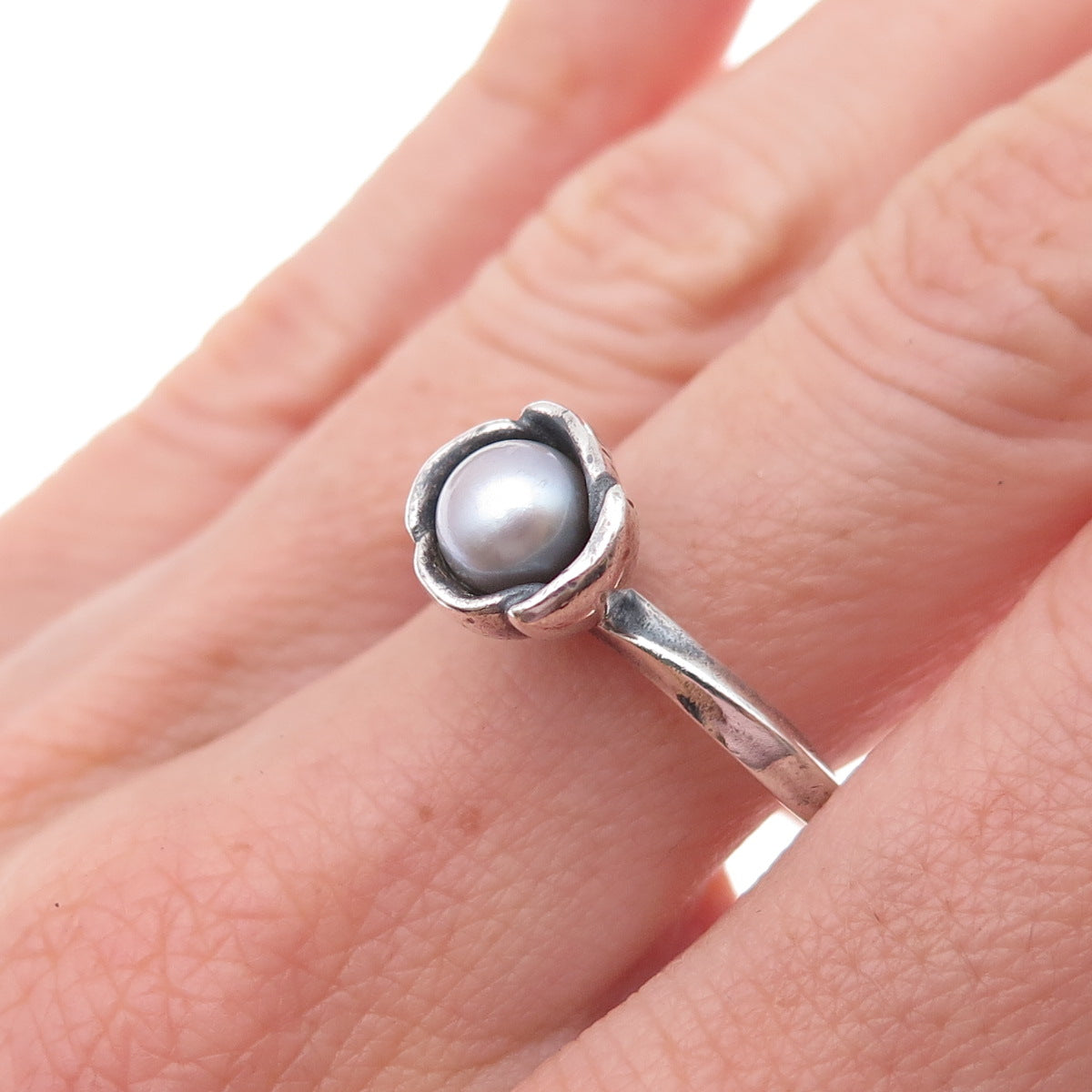Pandora 925 Sterling Silver Real Grey Pearl My Wish Flower Ring Size 8.5