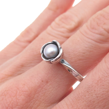 Pandora 925 Sterling Silver Real Grey Pearl My Wish Flower Ring Size 8.5