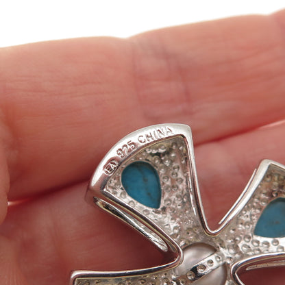 925 Sterling Silver Real Pearl & Turquoise Cross Slide Pendant
