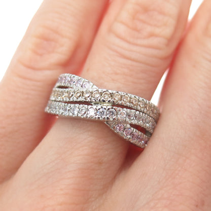 925 Sterling Silver Round-Cut Champagne White & Pink C Z Crisscross Ring Size 6