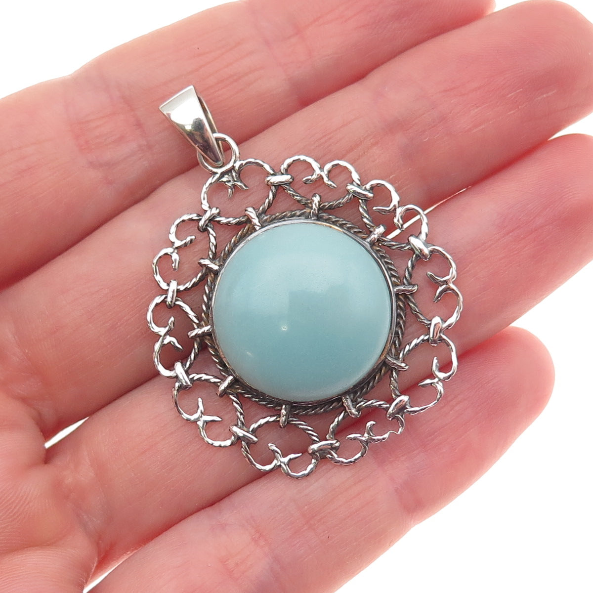 925 Sterling Silver Vintage Real Amazonite Heart Ornate Charm Pendant