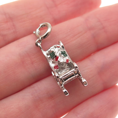 Danecraft 925 Sterling Antique Enamel Christmas Sleigh Spring Ring Mini Pendant