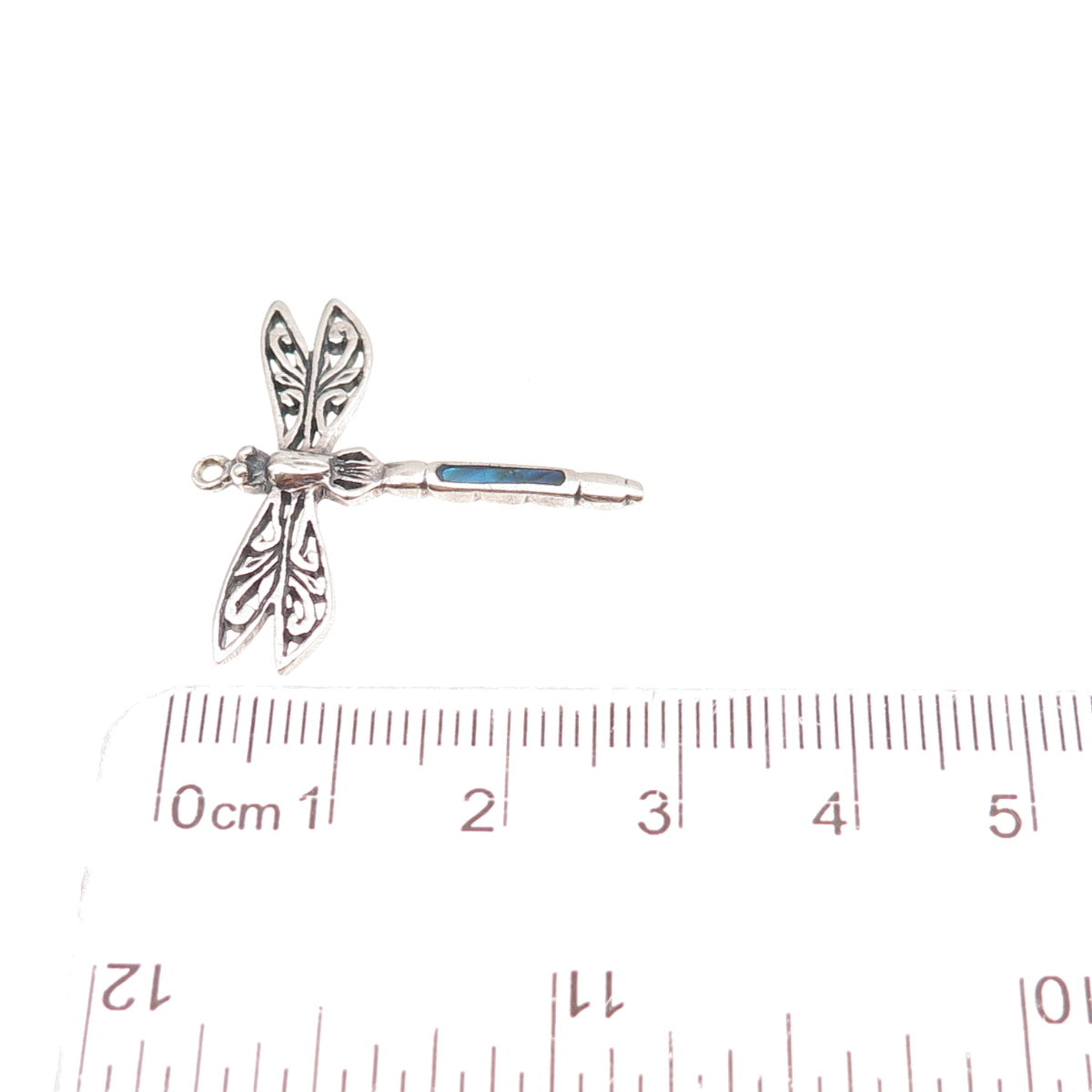 925 Sterling Silver Vintage Real Abalone Shell Dragonfly Oxidized Charm Pendant