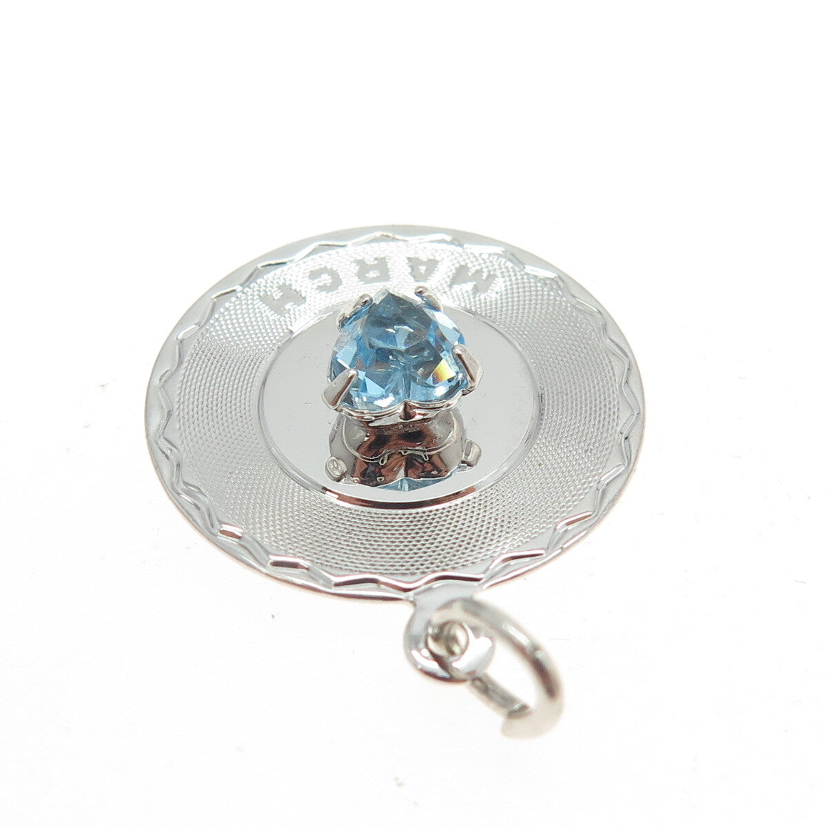 925 Sterling Silver Heart-Cut Blue Rhinestone "March" Pendant