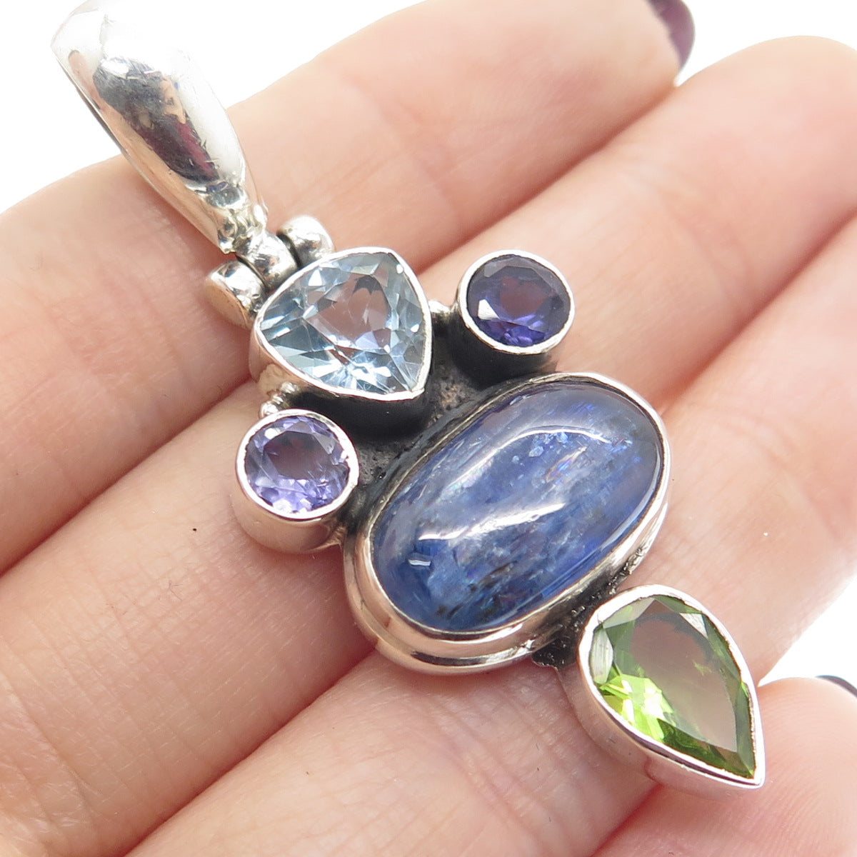 925 Sterling Silver Vintage Amethyst Peridot Sapphire Blue Topaz Gem Pendant