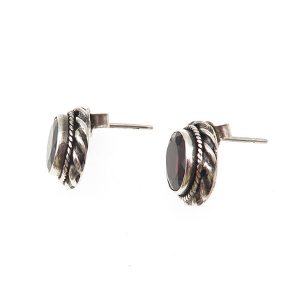 925 Sterling Silver Vintage Real Red Garnet Oxidized Stud Earrings