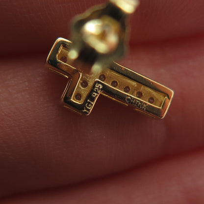 925 Sterling Silver Gold Plated Round-Cut C Z Cross Earrings