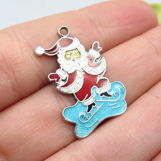 925 Sterling Silver Vintage Colorful Enamel Santa Claus Pendant