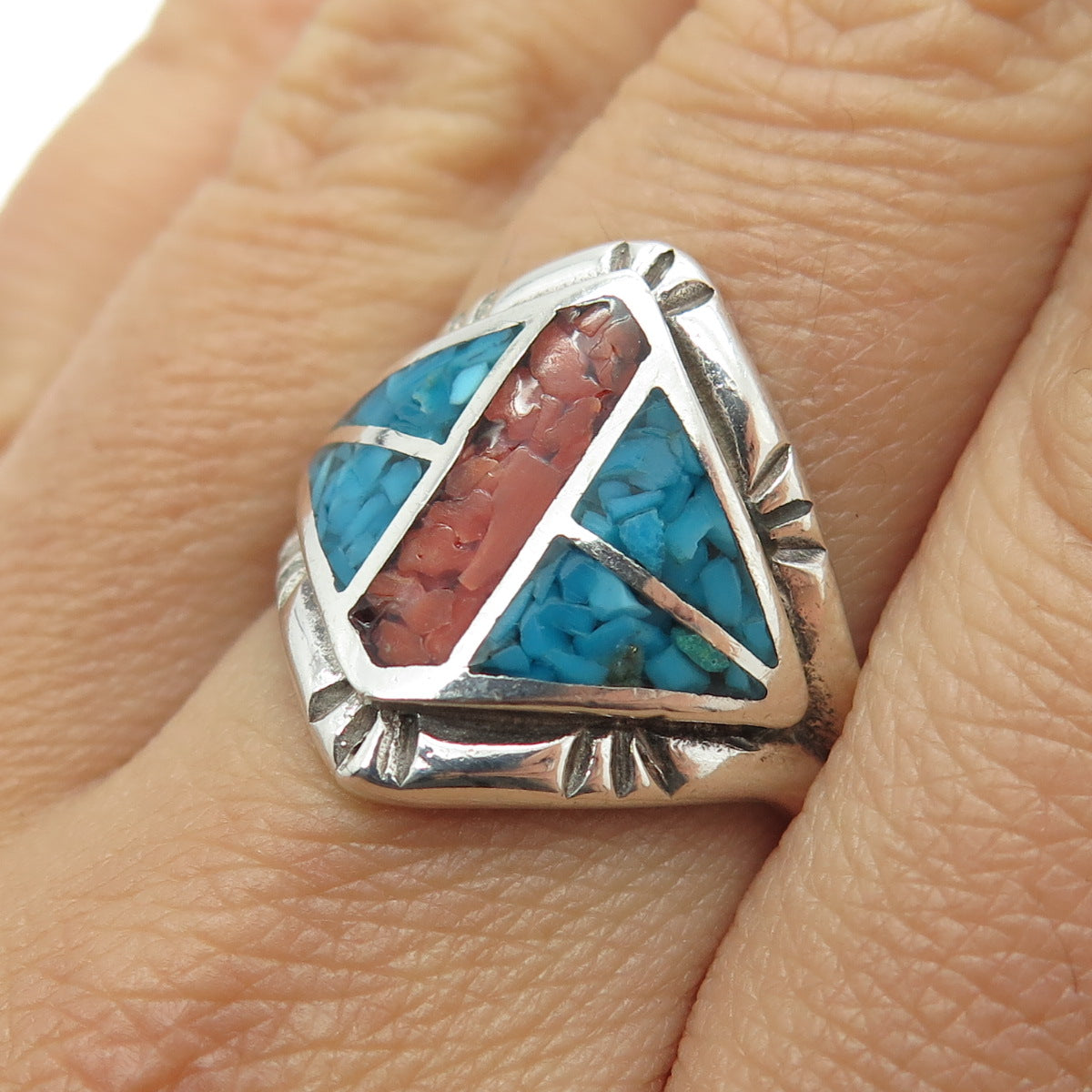 TIA LONG NAVAJO Old Pawn Sterling Silver Turquoise & Coral Inlay Ring Size 8.75