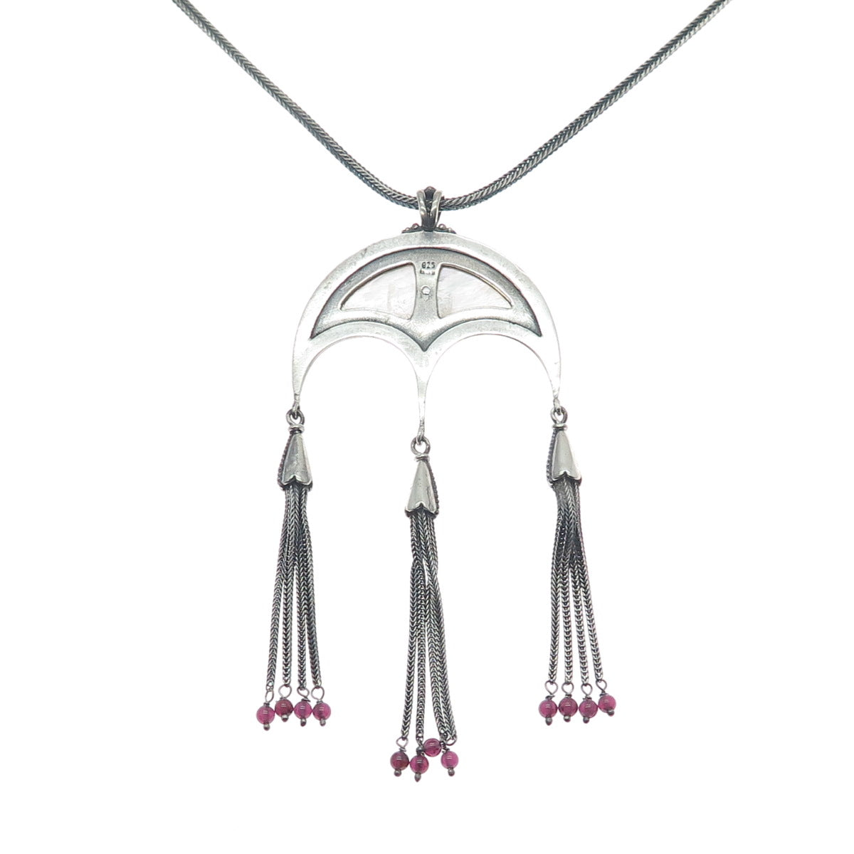 925 Sterling Silver Vintage Real Tourmaline MOP Tassel Spiga Chain Necklace 16"