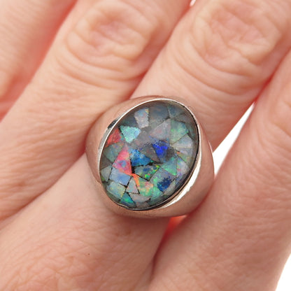 925 Sterling Silver Vintage China Real Opal Inlay Oxidized Ring Size 7.5