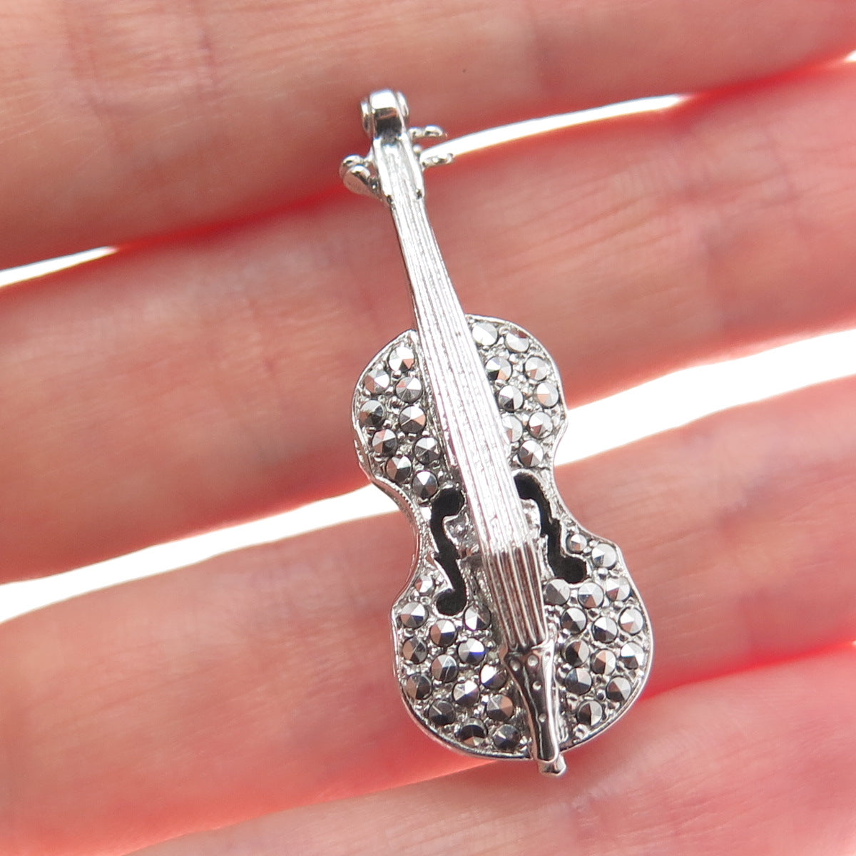 925 Sterling Silver Antique Art Deco Real Marcasite Gemstone Violin Pin Brooch