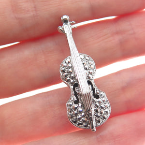 925 Sterling Silver Antique Art Deco Real Marcasite Gemstone Violin Pin Brooch