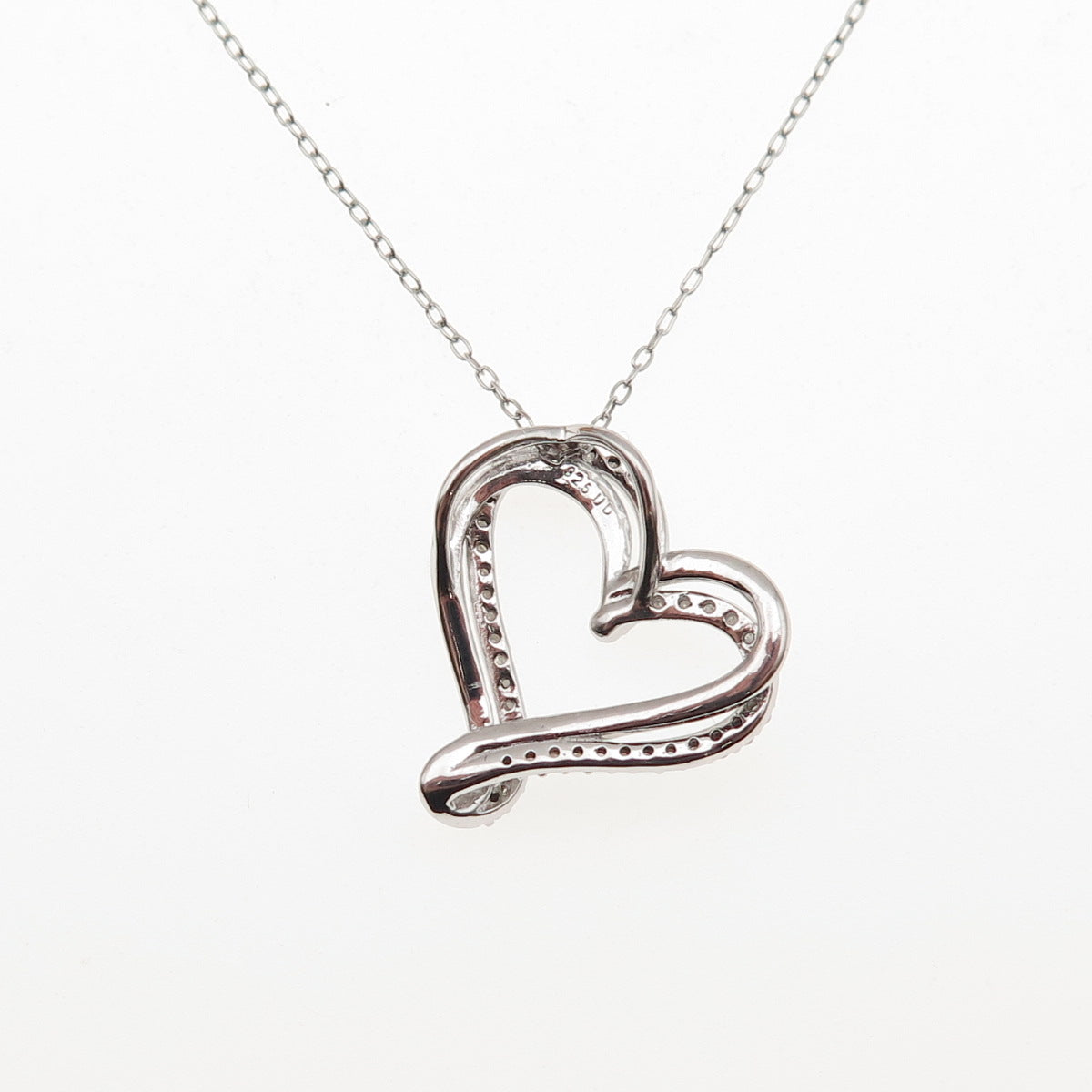 925 Sterling Silver Real Round-Cut Diamond Heart Cable Chain Necklace 20"