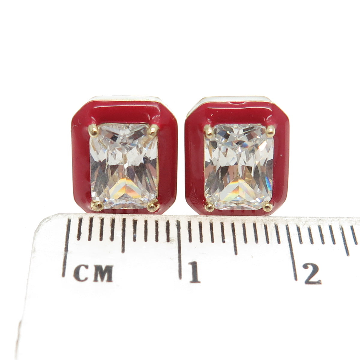 925 Sterling Silver Gold Plated Radiant-Cut Shaped C Z Red Enamel Stud Earrings