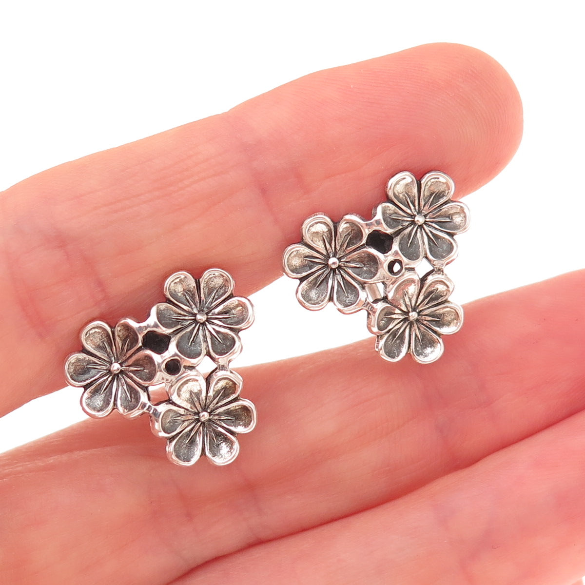 Beau 925 Sterling Silver Antique Art Deco Floral Oxidized Screw Back Earrings