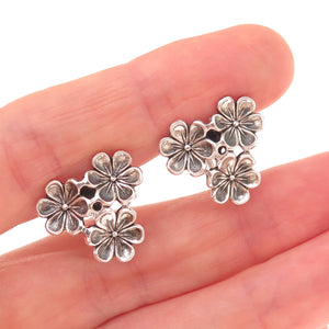 Beau 925 Sterling Silver Antique Art Deco Floral Oxidized Screw Back Earrings