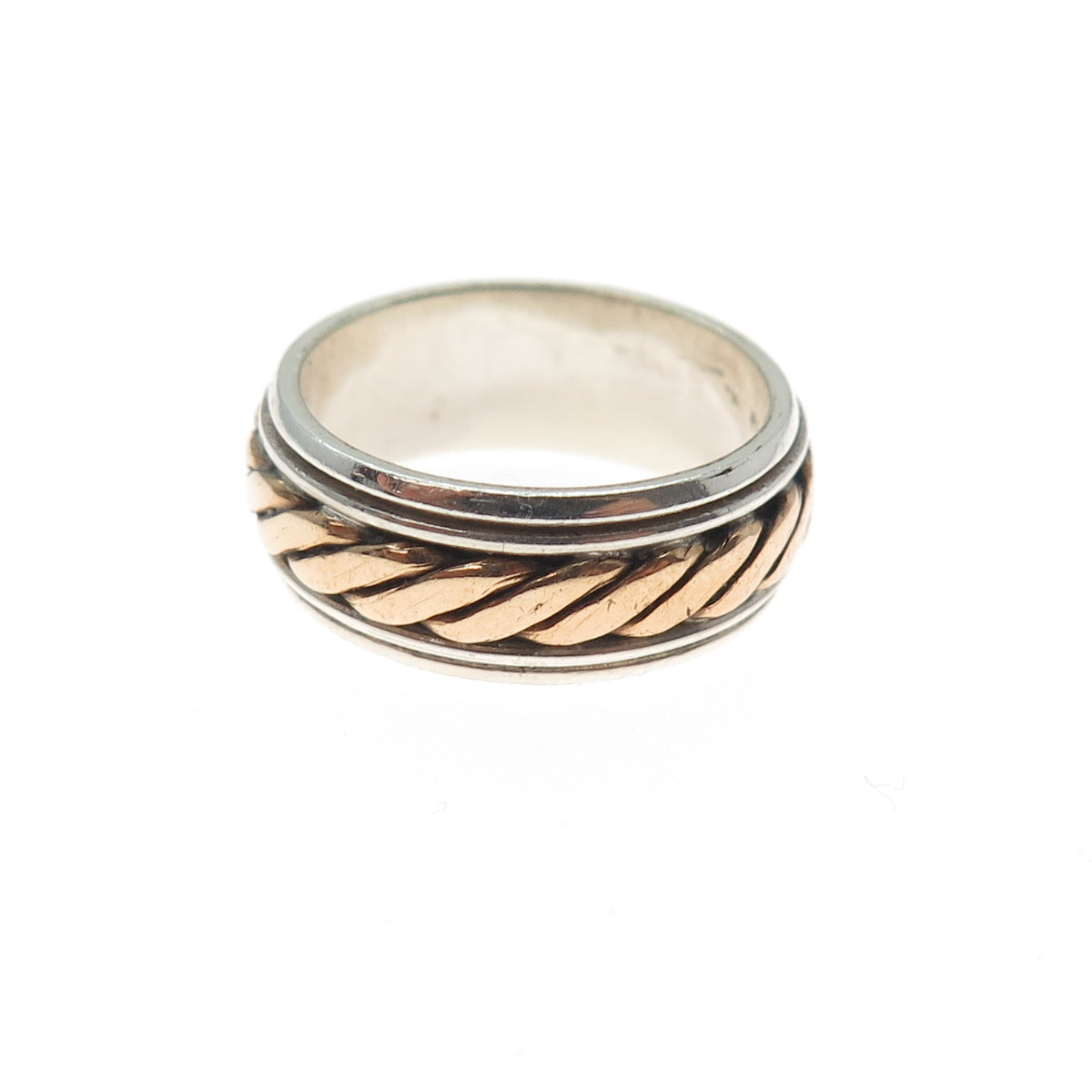 925 Sterling Silver 2-Tone Vintage Ribbed Rotating Band Ring Size 6.5