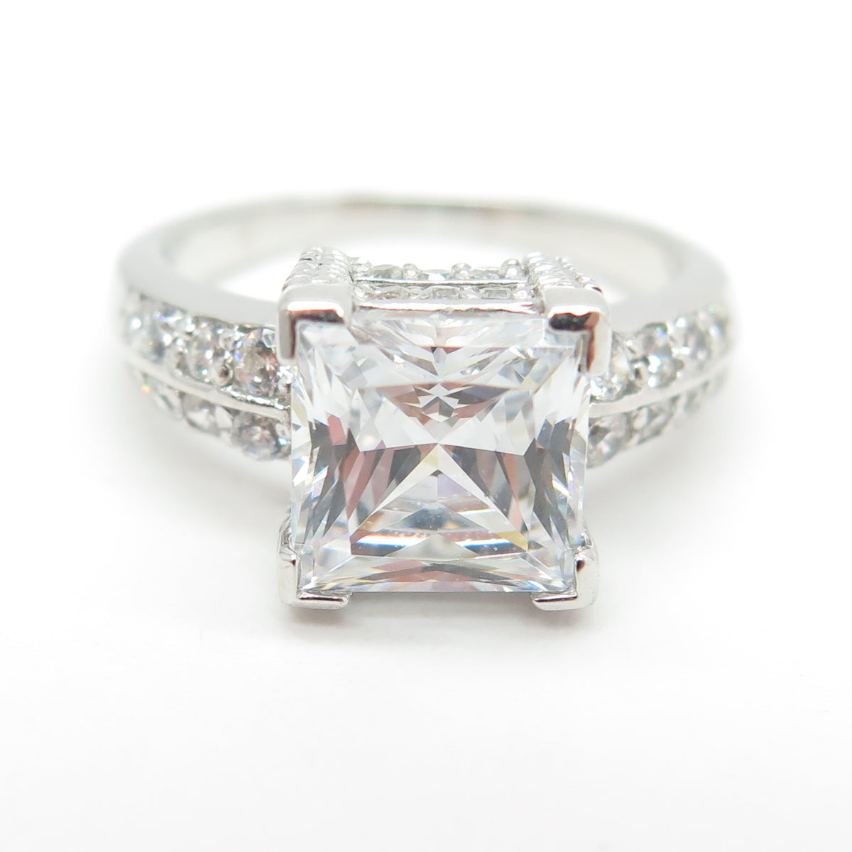 925 Sterling Silver Princess & Round-Cut C Z Engagement Ring Size 7