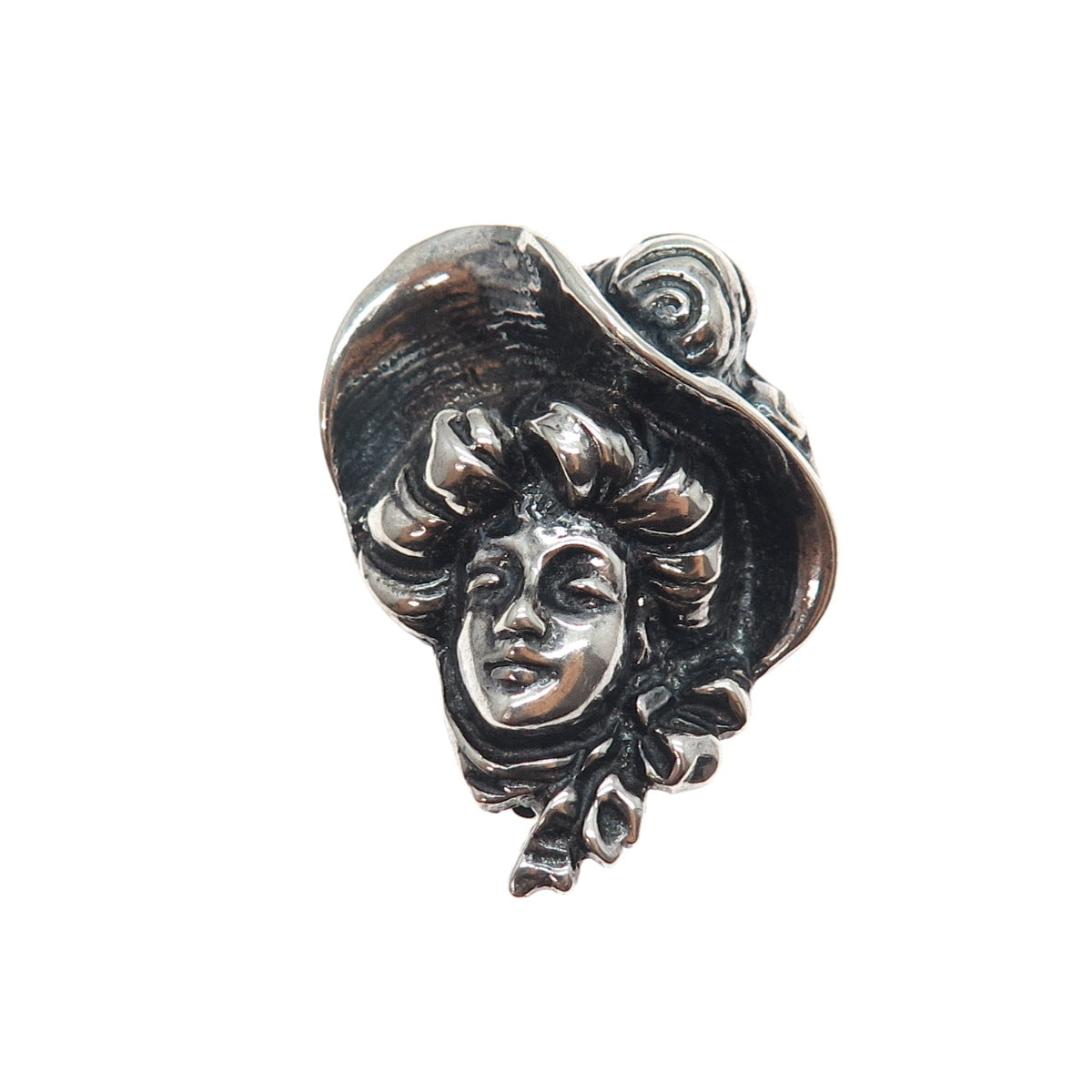 925 Sterling Silver Vintage Victorian Lady Oxidized Pin Brooch