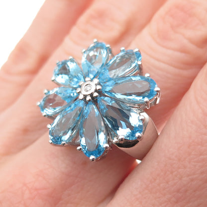 925 Sterling Silver Real Diamond & Swiss Blue Topaz Floral Ring Size 7.25